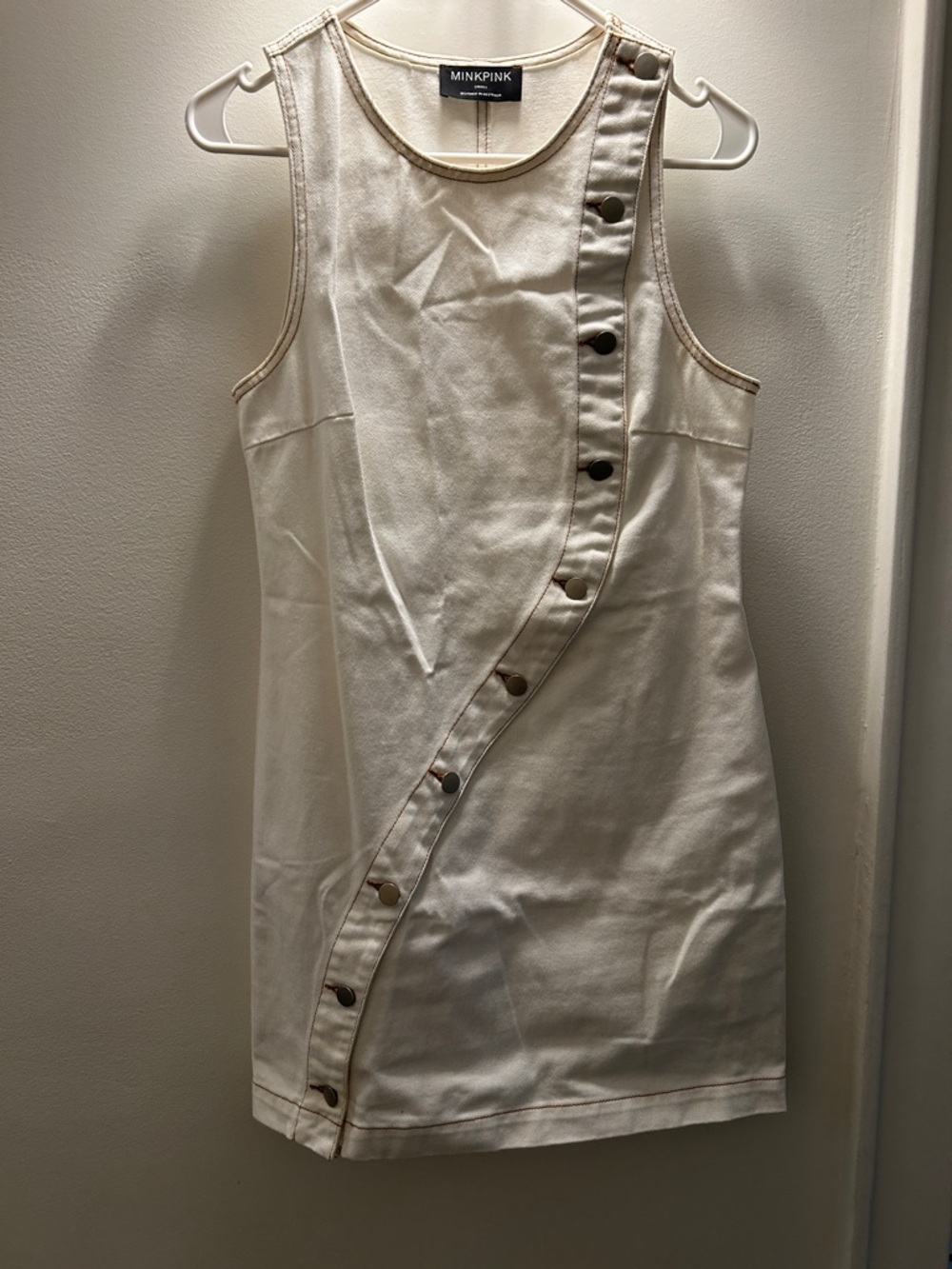 MINKPINK Cream Sleeveless Mini Dress with Asymmetrical Button Detail